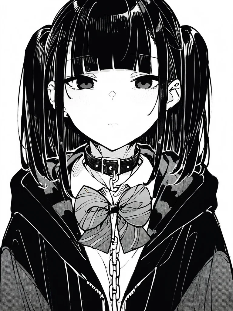 score_9, score_8_up, score_7_up,
1girl, monochrome,
black hair, blunt bangs, long hair, two side up, black eyes,
standing, hoodie, open jacket, white shirt, bowtie, collar, chain, upper body, plaid skirt, school uniform, looking at viewer, expressionless, closed mouth,