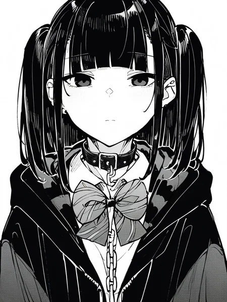 score_9, score_8_up, score_7_up,  
1girl,  monochrome,
black hair, blunt bangs, long hair, two side up, black eyes,

standing, hoodie, open jacket, white shirt, bowtie, collar, chain, upper body, plaid skirt, school uniform, looking at viewer, expressionless, closed mouth,