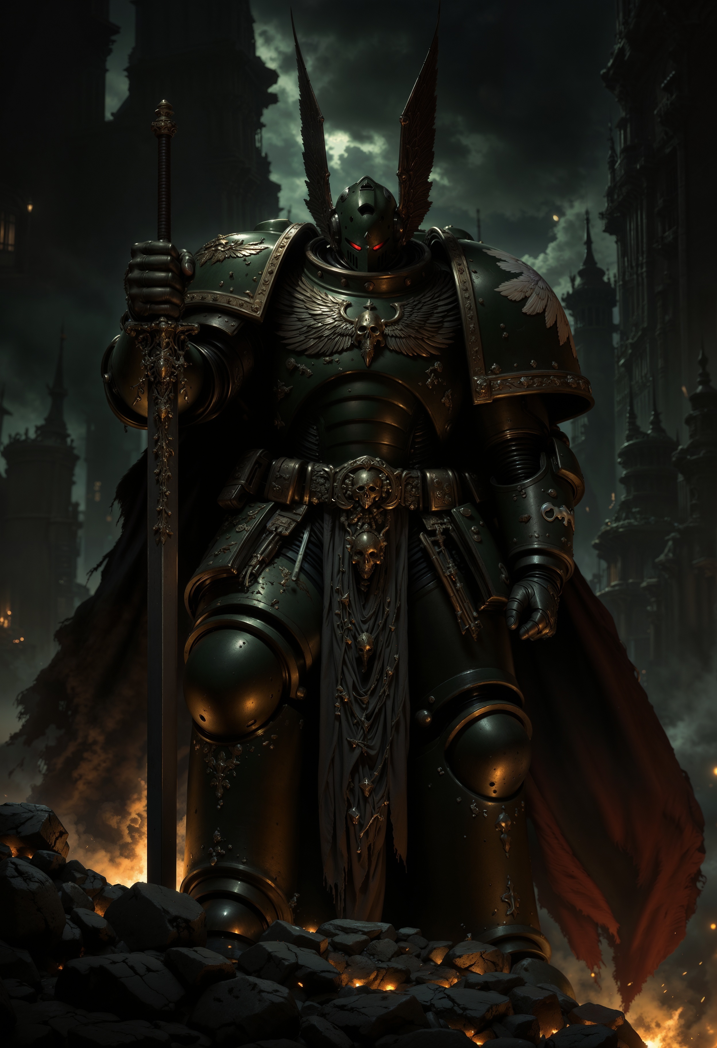 a DarkA40k knight in full armor. The style is dark and dramatic, with a focus on the intricate details of the armor, which is metallic and reflective, showing signs of wear and battle. The knight is positioned dynamically, holding a large sword in a combat-ready stance. The armor includes a winged helmet with a visor, obscuring the face, and chainmail visible at the joints. The background is a dark, smoky environment with glowing embers and sparks, enhancing the intense and action-oriented atmosphere. The color palette is dominated by dark green and blacks, with highlights of red from a tattered cape flowing behind the knight. <lora:FluxDarkA40k:0.9> <lora:FluxMythP0rtr4itStyle:0.6> <lora:flux.1_lora_flyway_Epic-Characters_v1:0.6> <lora:Elden_Ring_-_Yoshitaka_Amano:0.33>