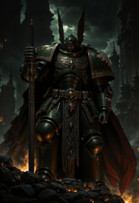 a DarkA40k knight in full armor. The style is dark and dramatic, with a focus on the intricate details of the armor, which is metallic and reflective, showing signs of wear and battle. The knight is positioned dynamically, holding a large sword in a combat-ready stance. The armor includes a winged helmet with a visor, obscuring the face, and chainmail visible at the joints. The background is a dark, smoky environment with glowing embers and sparks, enhancing the intense and action-oriented atmosphere. The color palette is dominated by dark green and blacks, with highlights of red from a tattered cape flowing behind the knight. <lora:FluxDarkA40k:0.9> <lora:FluxMythP0rtr4itStyle:0.6> <lora:flux.1_lora_flyway_Epic-Characters_v1:0.6> <lora:Elden_Ring_-_Yoshitaka_Amano:0.33>