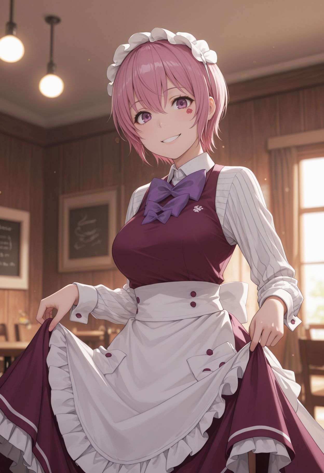 masterpiece,best quality,absurdres,highres,very aesthetic,high quality,detailed,insanely detailed,beautiful,perfect lighting, ,depth of field,blurry background,bokeh
<lora:Sakuragi Naruha Illu :1> 1girl, short hair, pink hair, purple eyes, indoors,cafe,(maid:1.4),maid headdress,apron,(skirt hold:1.2),standing,cowboy shot,smile, looking at viewer, big smile,