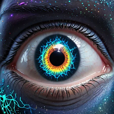 biolumen, detailed eye, iris, cornea, pupil, art, ,universe,luminous human eye, galaxy, night sky, BL4CK3STBL4CK, black_theme, matte_color, flat color