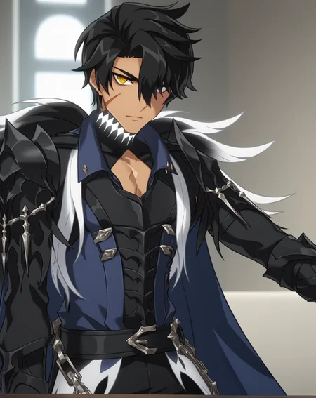 score_9, score_8_up, score_7_up, source_anime, anime screencap, depth of field, rating_safe, BREAK,
1boy, solo, yaoi, male focus, mature male,
looking at viewer, cowboy shot, facing viewer, straight-on,
<lora:raven_revenant:1> ravenrevenant, black hair, yellow eyes, short hair, hair over one eye, dark skin, scar on face,
indoors,