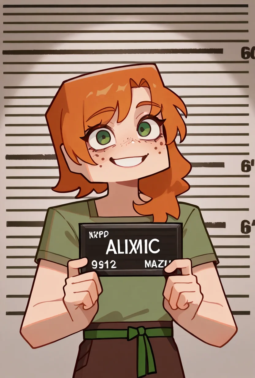 <lora:alexmc-10:1> alexmc, orange hair, 1girl, solo, green eyes, long green shirt, brown pants, short sleeves, freckles, square arms, square body, green waist ribbon, <lora:Barbie_Mugshot_ILXL:1> holding, upper body, english text, meme, barbie mugshot \(meme\), mugshot, masterpiece, best quality, amazing quality, very aesthetic, absurdres, newest,