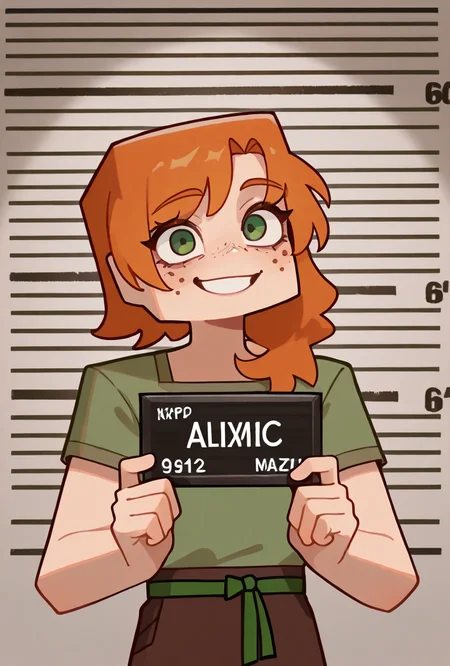 <lora:alexmc-10:1> alexmc, orange hair, 1girl, solo, green eyes, long green shirt, brown pants, short sleeves, freckles, square arms, square body, green waist ribbon, <lora:Barbie_Mugshot_ILXL:1> holding, upper body, english text, meme, barbie mugshot \(meme\), mugshot, masterpiece, best quality, amazing quality, very aesthetic, absurdres, newest,