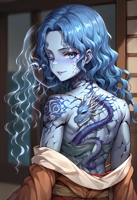 score_9, score_8_up, source_anime, 1girl, cowboy shot, <lora:Ranni_XLPD_CAME:1> IncrsXLRanni, wavy hair, cracked skin, blue skin, colored skin, seductive smile, extra faces, <lora:ExtraFaces_XLPD_CAME:1.2>, <lora:DragonTattoo:1>, dragon tattoo, back tattoo, kimono, off shoulder, doll joints,