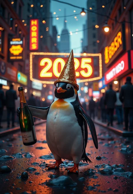 cinematic film still a drunk penguin, wearing a party hat, holding a champagne bottle, stumbling down the street on new years with a giant "2025" neon sign hanging on the skyscrapers in the background . shallow depth of field, vignette, highly detailed, high budget, bokeh, cinemascope, moody, epic, gorgeous, film grain, grainy