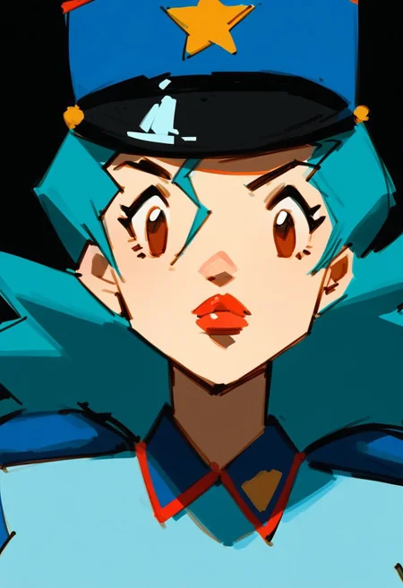 score_9, score_8_up, score_7_up, portrait, digital painting of PMJenny, 1girl, aqua hair, flipped hair, brown eyes, lipstick, breasts, police hat, blue jacket, black background, high contrast, shadows, charcoal sketch, full lips, bold, striking