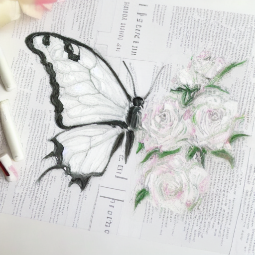 butterflyRose, rose, drawing, white, paper background