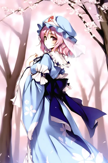 1girl,
saigyouji yuyuko,
ke-ta,
standing,looking back,under tree,cherry blossoms,
absurdres,best quality,masterpiece,highres,
