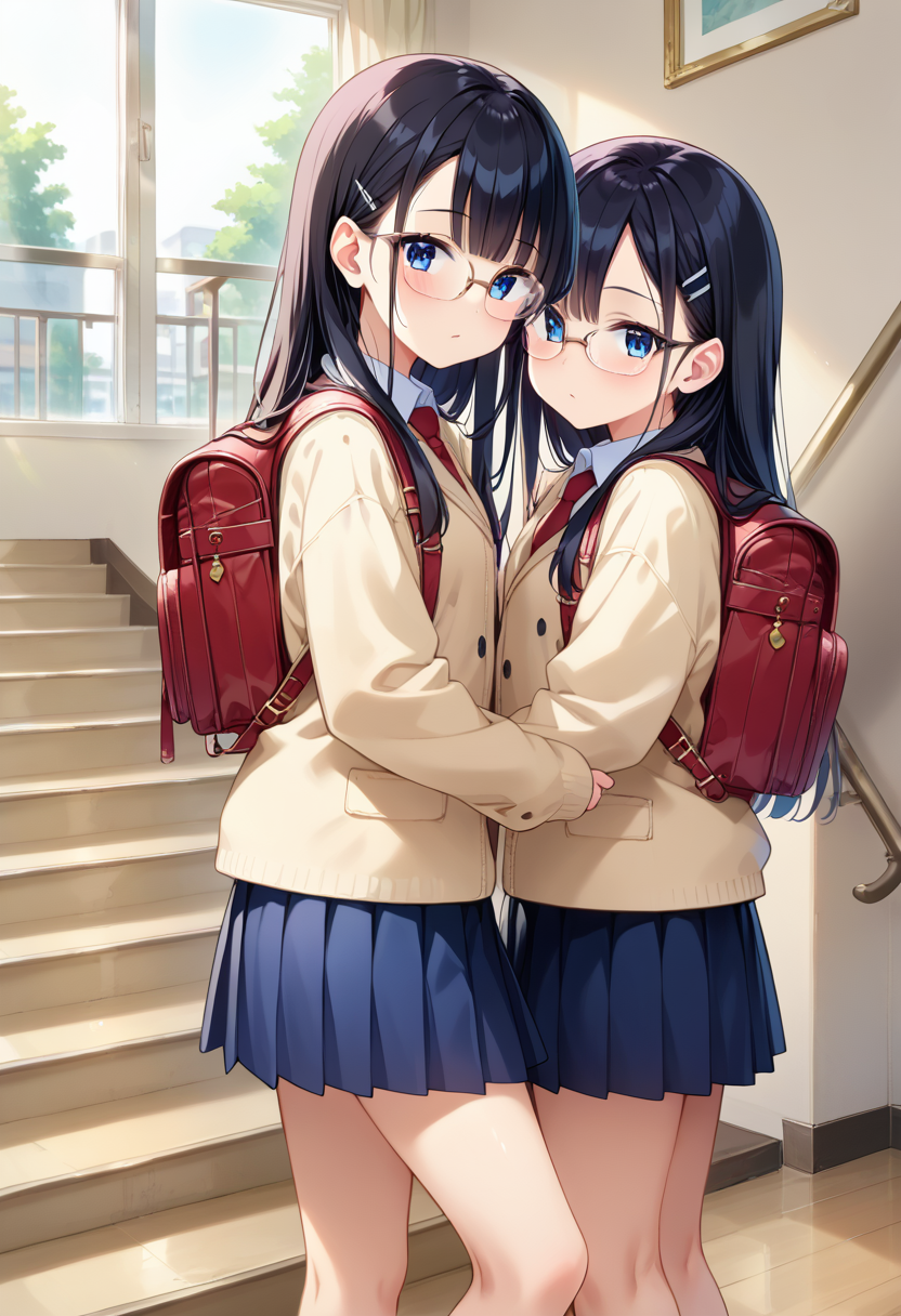 score_9, score_8_up, score_7_up, rating_safe, masterpiece, best quality, absurdres, unity 8k wallpaper, official art, official style, source_anime, uncensored, game cg, megami magazine,
1girl, solo, glasses, black hair, long hair, blue eyes, collared shirt, red necktie, pleated skirt, blue skirt, looking at viewer, blush,
kaidan, black hair, indoors, window, multiple girls, 2girls, pants, from behind, standing, bag, backpack, jacket, long hair, long sleeves, stairs, 
<lora:gakkou_kaidan_PONY_V2:1>