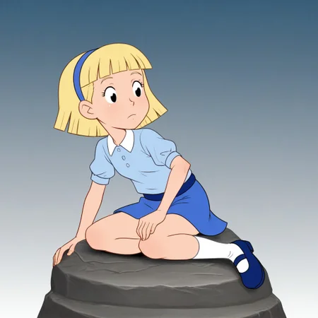 score_7_up, BREAK, Annika, 1girl, solo, short hair, blonde hair, black eyes, hairband, shirt, blue skirt, white socks, blue mary janes, <lora:AnnikaSettergren_PXL_Leaf1:0.8>, sitting on rock, gradient background,