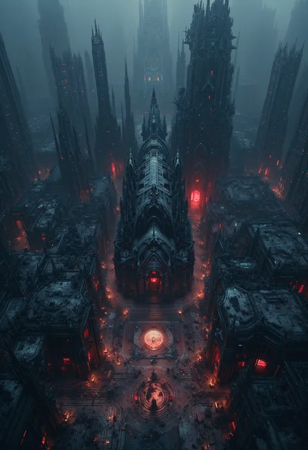 Bird's-eye view, ancient cyberpunk settlement, cyberpunk and gothic fusion. Intricate spatial composition, geometric planning, strategic shapes. Buildings that are fusions of gothic cathedrals and futuristic skyscrapers. Clustered gothic cyberpunk structures, neon lights, and bold gargoyle sculptures. Atmospheric interplay, ambient light, dynamic shadow, rich hues. Detailed architectural nuances, mosaic-like pathways, designed streets. Steampunk artifacts, monumental architectural details. Technical quality 8k, masterpiece, hyper-detailed imagery, intricate design, evocative textures, red and blue neon lighting, timeless narrative. <lora:JJsCyberPunkCity_Flux:0.6> <lora:Dever_Flux_Enhancer:0.4> <lora:42lux-UltimateAtHome-flux-highresfix:0.25>
