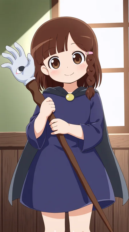 masterpiece, best quality, amazing quality, very aesthetic, absurdres, best quality, 4k, upscale, indoors, riri, 1girl, brown hair, solo, smile, braid, brown eyes, staff, hair ornament, holding, looking at viewer, dress, hairclip, holding staff, blush, bangs, cape, closed mouth, blue dress, side braid, blunt bangs, single braid <lora:Riri_ILv2:0.8>
