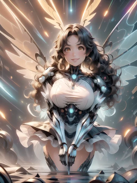 (masterpiece:1.4), high quality, high definition, sharp focus, detailed clothes, detailed body, detailed face, anime, best quality, 4k, 8k, absurd resolution, intricate detail, detailed hands, detailed eyes, animation, illustration, highly detailed, highres, extremely detailed, <lora:ETO_OCC002:0.4> ETO_OCC, black hair, (curly hair:1.5), long hair, thick eyebrows, <lora:hyperdenoiser_v090:0.6>, (looking at viewer:1.6), (plump:1.3), (hazel eyes:1.6), (parted bangs:1.8), (smiling:1.4), <lora:ETO_OC:0.4> ETO-OC, <lora:perfetfingers:1>, OverallDetail, Standing with one hand on the hip, the other arm extended, from below, 1girl, large breasts, skindentation, ah1, <lora:hyperrefiner_v090:0.6>, <lora:add_detail:0.6>, <lora:battle angel:0.7>, weapon, (battle angel:1.4), (mechanical wings:1.4), android, (mecha girl:1.4), cyborg, (round face:1.2), apple cheeks, <lora:taremeEyes_v10:1>, <lora:neon-rgb-style-darquelilly-v3:1> neonrgbstyle, reflection, gem, crystal, neon lights, glowing joints, gemstone, rainbow, bubbles, (RGB effect:1.3), (reflect:1.3), light, neon glow, multicolored, colorful, (round chin:1.3), <lora:HoneyTech-20:1> honeytech, honey, scifi
