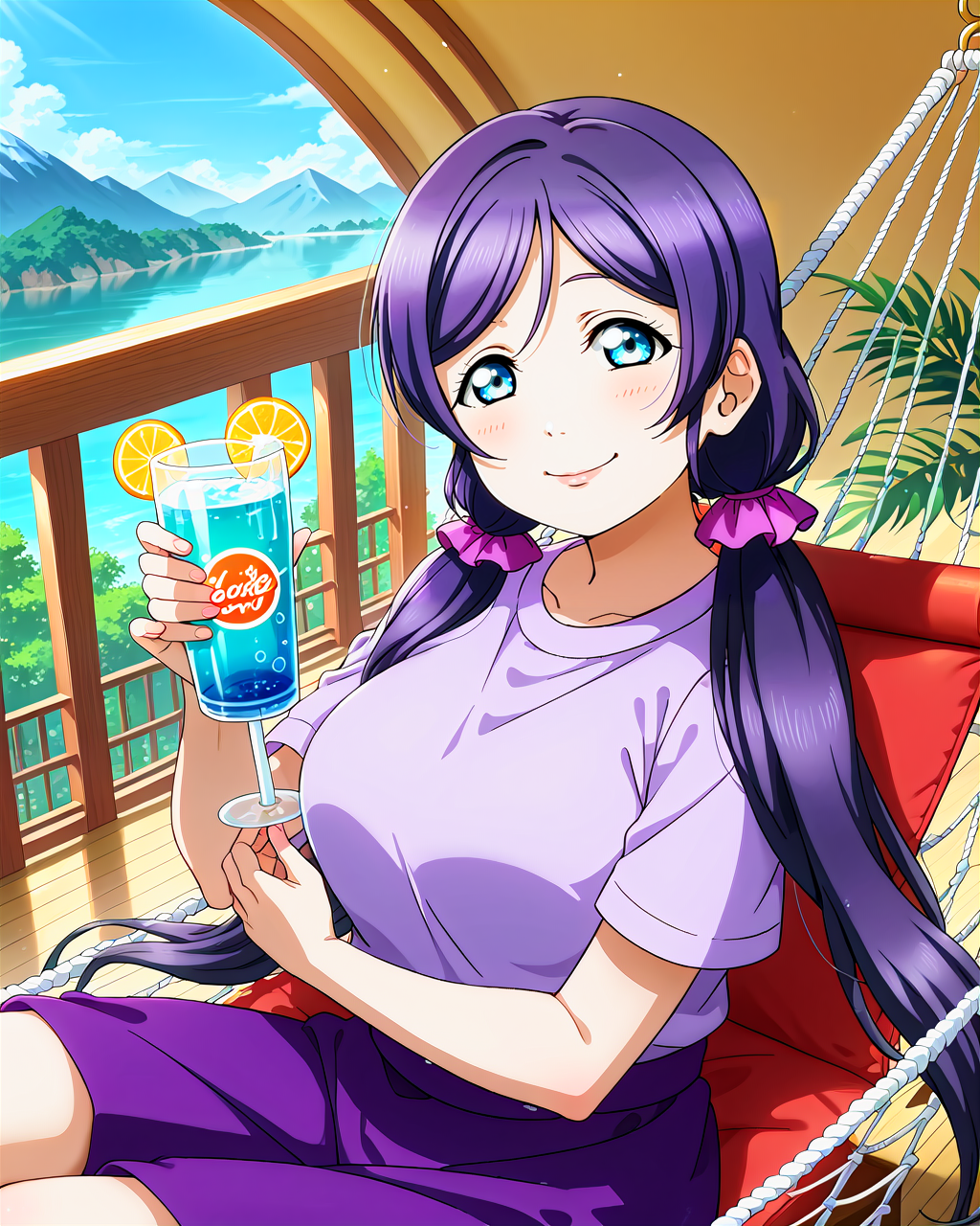 score_9, score_8_up, score_7_up, score_6_up, source_anime, looking at viewer, ((love live!, 1girl, tojo nozomi, blue eyes, large breasts, long hair, low twintails, purple hair, twintails)) (Lounging on a hammock, holding a cold drink, and basking in the sun), (amaranth deep purple racing suit), (Majestic mountains with a clear blue sky), smile, happy,  <lora:LLChar_Pony:0.8> love live!
