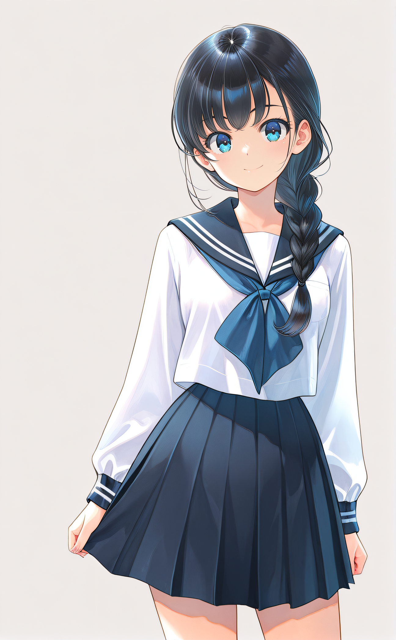 masterpiece, best quality, 1girl, solo, original artstyle, official artstyle, <lora:KEI_Style:1>, kei, black hair, braided ponytail, blue eyes, school uniform, serafuku, looking at viewer, smile, simple background, cowboy shot