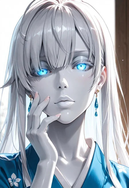 1girl, Yukinoshita Yukino //(Oregairu//) Yuki-Onna, adult woman, earrings, masterpiece, blue kimono, hand up, long hair, hair over eye, white hair, long hair, blunt bangs colored skin, (white skin:1.3) luscious lips, lip gloss, pale lips, white lips, portrait, colored eyelashes, backlighting, blue eyes, glowing eyes, goddess, glossy skin,