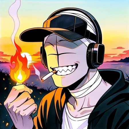 masterpiece, best quality, amazing quality, traditional media, watercolor /(medium/), d3im0s, colored skin, grey skin, facial mark, no eyes, no eyebrows, no nose, bald, bandaged head, bandaged neck, 1boy, solo, grin, sharp teeth, mouth hold, teeth hold, cigarette, smoke, smoking, facing viewer, black headphones, black hat, visor cap, black hoodie, hood down, open hoodie, white shirt, sunrise, ashes, embers, thumb up, holding fire on one thumb, portrait