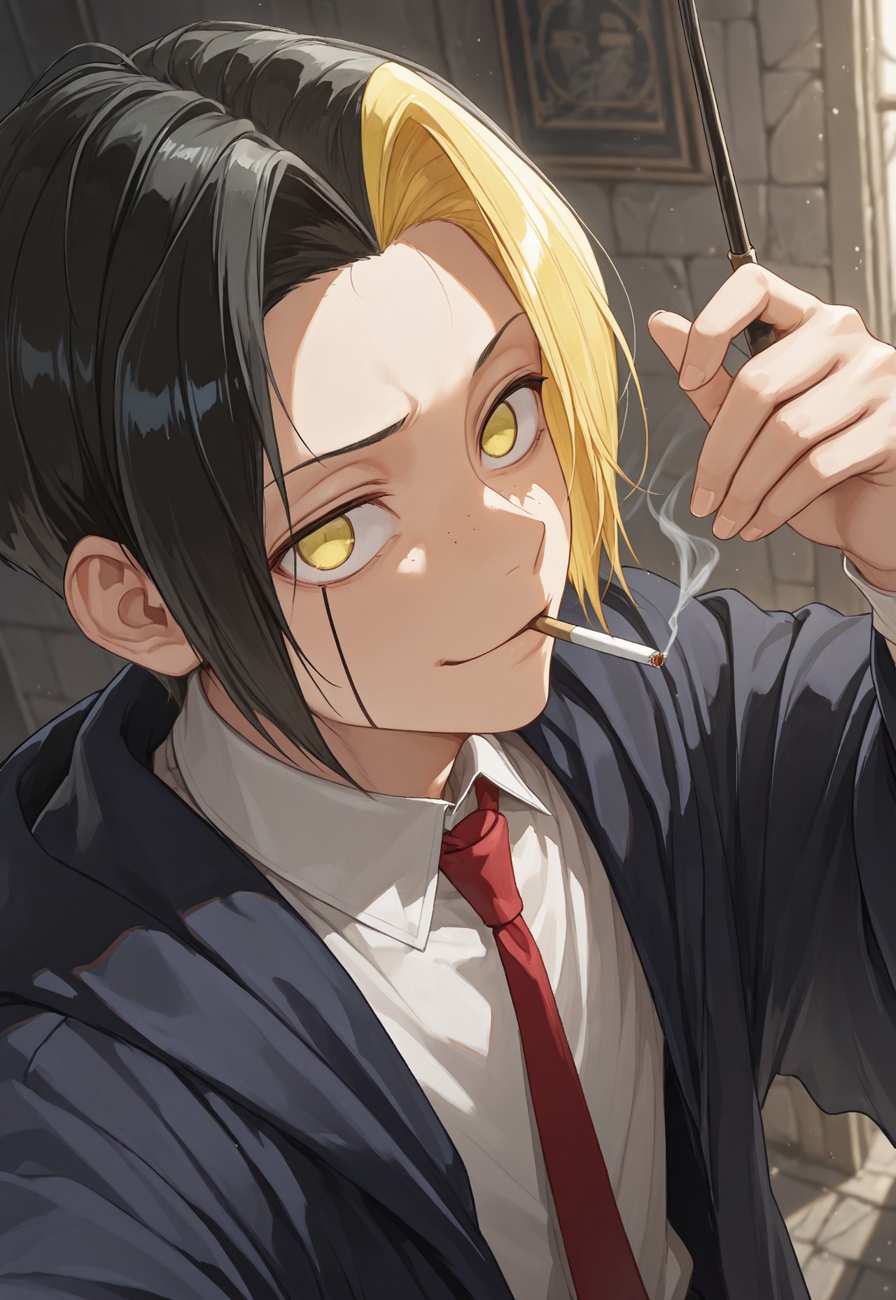 masterpiece, best quality, amazing quality, very aesthetic, absurdres, newest, detailed background, f1nn, 1boy, solo, facial tattoo, yellow eyes, black hair, blonde hair, split-color hair, cloak, collared shirt, necktie, upper body, smug, wand, smoking, cigarette, selfie, single bare shoulder