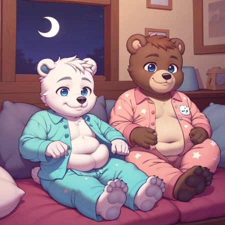 chubby bear boy cub sitting in a pillow at night, cub, wearing pajamas, exposed belly, belly rolls, barefoot, chubby paws, bear ears, bear tail, chubby torso, fat rolls, smile, freackles, shortstack, duo, 2boys, double chin, furry, Furry Mix, cub, chubby thighs, sleepy mood, crescent moon, stars in the sky, young, pastel colors, unbuttoned shirt, fluffy fur, belly overhang, soles, facing front, messy hair, pajama pants, open eyes, belly rub