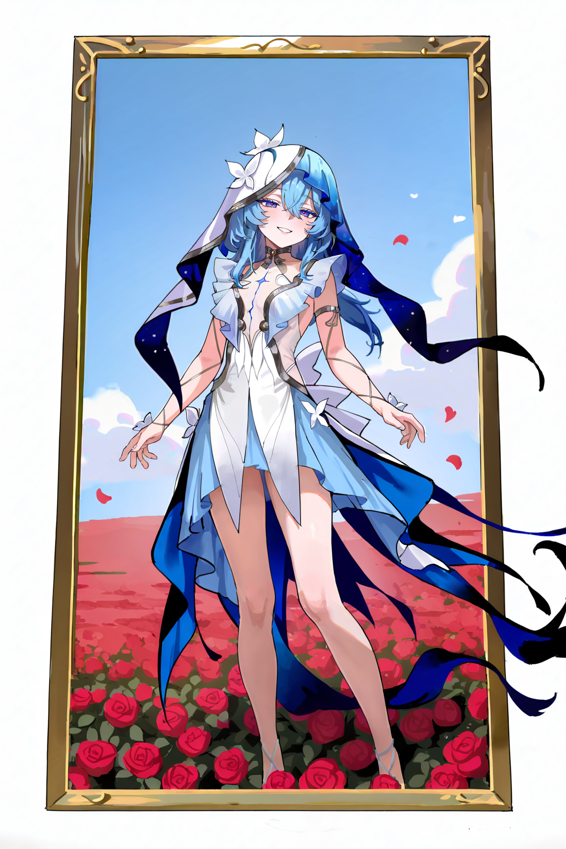8k, best quality, masterpiece, (ultra-detailed), (high detailed skin), border, oil painting border, photo frame, frame, a carefully framed painting, 
artist:ningen_mame,artist:ciloranko,artist:sho_(sho_lwlw),artist:as109,
safe, extra_sharp, (perspective composition.:1.2), (bold_lines are adding to the overall style:1.2) solo, (high brightness:1.3), backlighting, rose field, outdoors, kubrick stare, 1girl, contrapposto, half-closed eyes, detailed eyes, bold eyelashes, long eyelashes, nose, closed mouth, wide grin, smile, long hair, blue sky, clouds, amazing quality, masterpiece, highres, beautiful color, film grain, newest, symmetrical composition, beautiful, intricate, amazing quality, very aesthetic, absurdres, masterpiece, by anna dittmann, full body, dynamic angle, chromatic aberration, white skin, glossy skin, beautiful eyes, 
<lora:shouanren-noob-Tanger-000013:0.8>, white dress, veil, shouanren, default clothes, 1girl, blue hair, blue eyes, dress, hood,