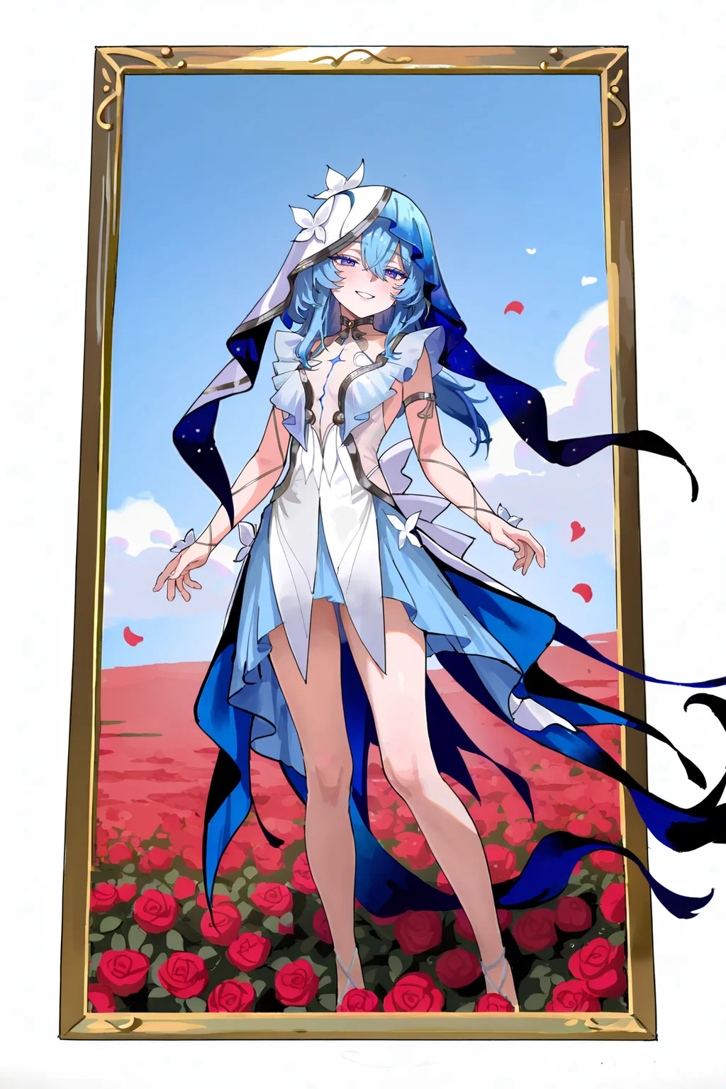 8k, best quality, masterpiece, (ultra-detailed), (high detailed skin), border, oil painting border, photo frame, frame, a carefully framed painting, 
artist:ningen_mame,artist:ciloranko,artist:sho_(sho_lwlw),artist:as109,
safe, extra_sharp, (perspective composition.:1.2), (bold_lines are adding to the overall style:1.2) solo, (high brightness:1.3), backlighting, rose field, outdoors, kubrick stare, 1girl, contrapposto, half-closed eyes, detailed eyes, bold eyelashes, long eyelashes, nose, closed mouth, wide grin, smile, long hair, blue sky, clouds, amazing quality, masterpiece, highres, beautiful color, film grain, newest, symmetrical composition, beautiful, intricate, amazing quality, very aesthetic, absurdres, masterpiece, by anna dittmann, full body, dynamic angle, chromatic aberration, white skin, glossy skin, beautiful eyes, 
<lora:shouanren-noob-Tanger-000013:0.8>, white dress, veil, shouanren, default clothes, 1girl, blue hair, blue eyes, dress, hood,