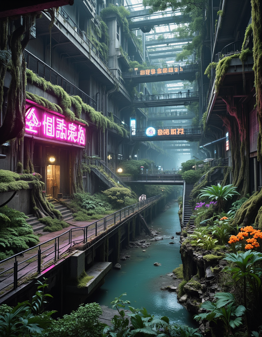 <lora:SWL_Underground1flux:1> photo of a cinematic futuristic underground arcology transformed into a lush, post-urban Eden, viewed from a mid-angle perspective showing a deep corridor fading into luminous depth. Massive industrial walls, overgrown with climbing moss and jungle flora, are adorned with glowing neon signs in stylized Asian typography, casting magenta and cyan hues across the misty scene. A clear canal flows through the scene, its surface reflecting colorful lights and the shadows of hanging vines. In the foreground, a crumbling metallic pedestrian bridge spans the water, entwined with roots and covered in emerald moss. To the right, staircases carved into rusted platforms lead upward into layers of suspended walkways and terraces. Bright patches of orange flowers and purple blossoms pop against the verdant green, forming wild gardens reclaiming concrete. Above, layers of walkways and pipes stretch into pale turquoise atmospheric haze, illuminated by filtered light cascading from broken ceiling panels high above. Small trees sprout from balconies, symbolizing natureâs quiet victory. The ambiance is serene yet haunting, echoing with the quiet hum of abandoned machines and distant water trickles, an intimate blend of sci-fi decay and flourishing wilderness.