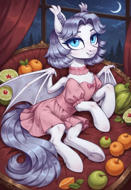 safe_pos, score_9_up, score_8_up, score_7_up, score_6_up, (best quality:1.1), ultra-detailed, high resolution, solo, Armed_Sage, bat pony oc, (mlp), feral, male, girly, white fur, medium gray hair, fluffy ears, ear fluff, tail, (cute face:1.2), (Beautiful blue eyes:1.3), (long eyelashes:1.2), smile, fang out, white bat wings, (pink kawaii dress:1.3), (seductive expression), look at the viewer BREAK sensual, cozy living room, lying on side, beed, full body, (fruits around:1.5), large window, dark forest outside the window, night, starry sky, highly visible, sharp focus, anatomically correct, highly visible, sharp focus