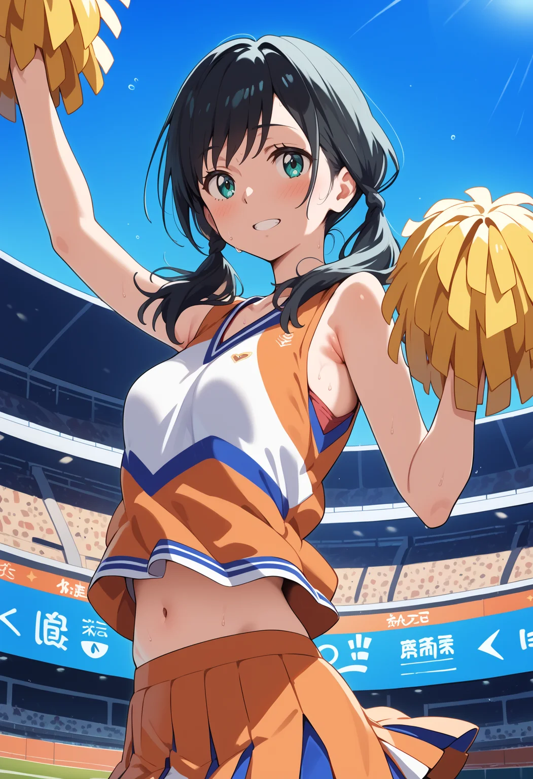 score_9, score_8_up, score_7_up, score_6_up, score_5_up, score_4_up, source_anime, aahina, medium hair, black hair, low twintails, aqua eyes, small breasts, <lora:amano_hina_ponyxl_v1:0.9>, cheerleader, pom pom \(cheerleading\), midriff, stadium, sweat, standing,