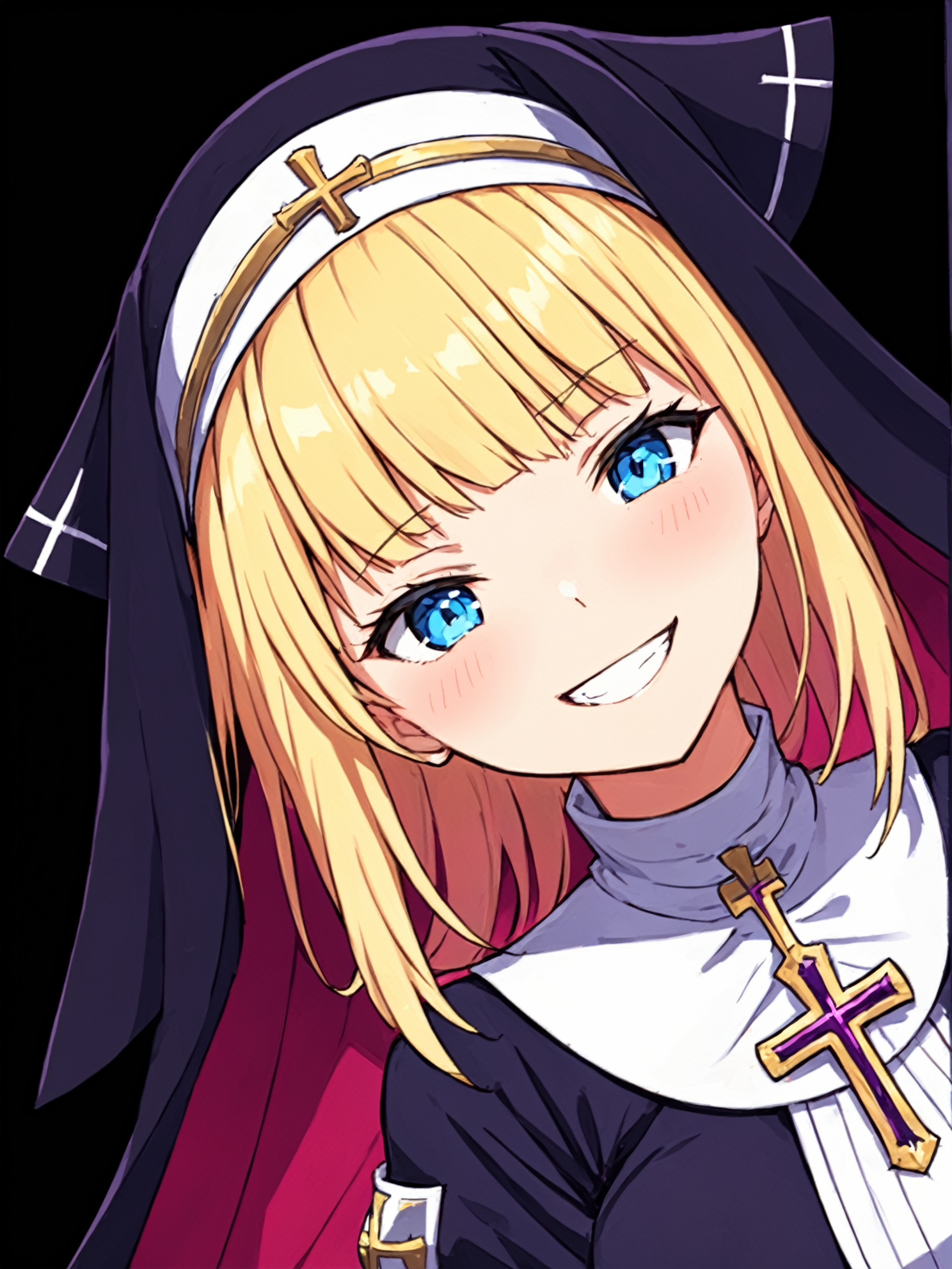 masterpiece, best quality,
(cel shading),
<lora:exorcistcharlotte.sdxl.v1:0.85>
exorcistcharlotte, solo, looking at viewer,simple background, cross, upper body, black background, 
happy smile,