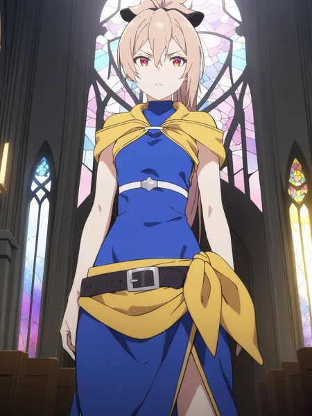 <lora:menou_virginrd_SDXLv1.1-000031:0.9>, menou, 1girl, solo, ponytail, hair ribbon, hair between eyes, looking at viewer, closed mouth, frown, blue dress, long dress, sleeveless, yellow jacket, small breasts, standing, white pupils, black belt, leg slit, cowboy shot, indoors, church, stained glass, cinematic angle, (masterpiece), (best quality), (ultra-detailed), very aesthetic, illustration, perfect composition, intricate details,