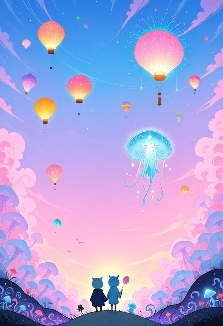 CreeepyCuteMagic,   jellyfish, cotton candy, candy sky, animated sprinkles, glowing tentacles, hot air balloon, owl with monocle, whimsical, fairytale.