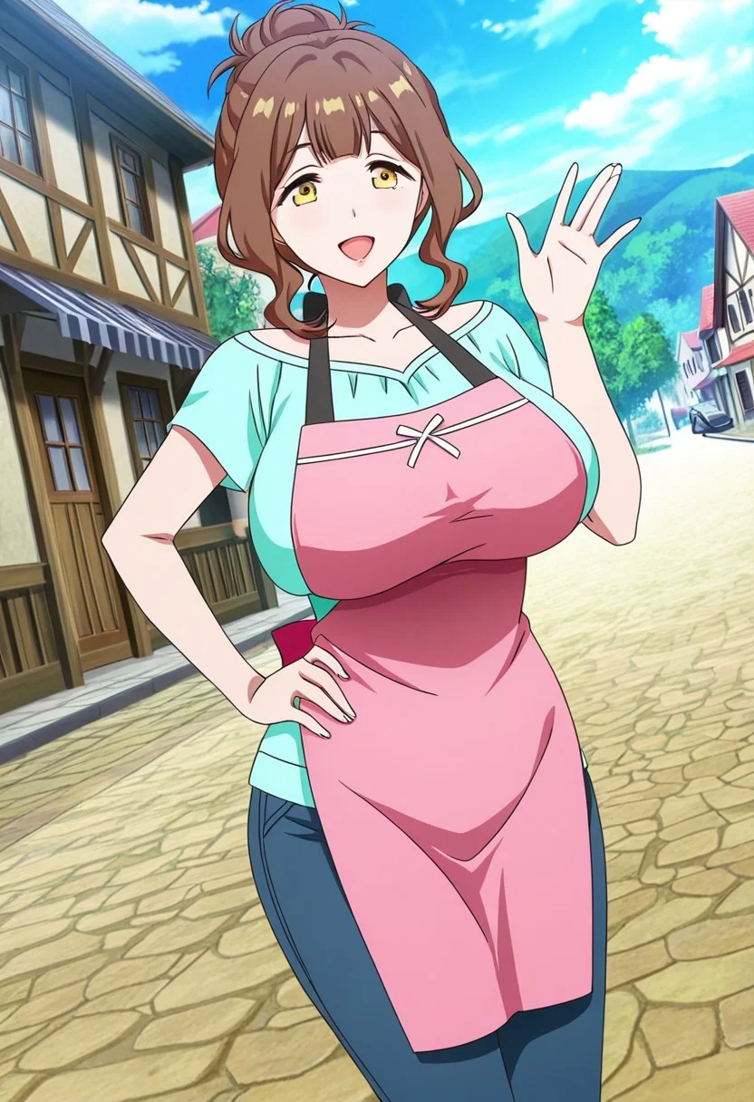 general,highres, ultra-detailed,very aesthetic,best quality ,best hands,best eyes,easynegative,
dynamic anglre, dutch angle, anime cloring,anime screencap,
1girl solo,looking at viewer,town,smile,hand on hip,waving hand, open mouth,
Torino Kagami,brown_hair, hair bun,yellow eyes, huge_breasts,wavy hair,shirt,pants, apron,
