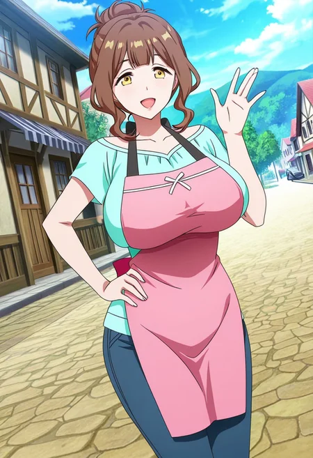 general,highres, ultra-detailed,very aesthetic,best quality ,best hands,best eyes,easynegative,
dynamic anglre, dutch angle, anime cloring,anime screencap,
1girl solo,looking at viewer,town,smile,hand on hip,waving hand, open mouth, 
Torino Kagami,brown_hair, hair bun,yellow eyes, huge_breasts,wavy hair,shirt,pants, apron,