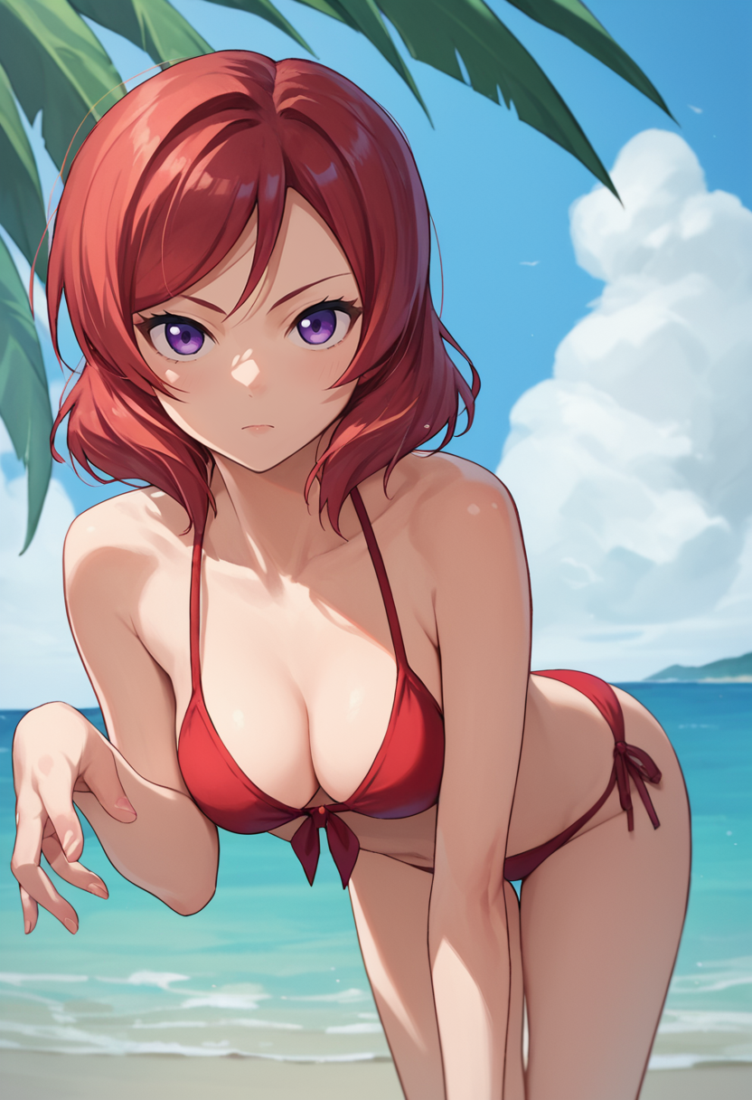 score_9, score_8_up, score_7_up, 1girl, source anime,   Nishikino maki, red hair, purple eyes, short hair, bikini, beach, looking at viewer,      <lora:Nishikino Maki 3-000006:1>