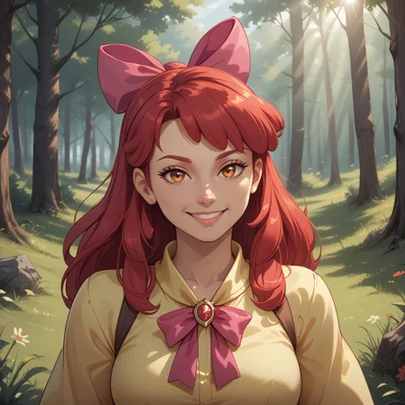 score_9, score_8, BREAK, solo, Apple Bloom, Red Hair, Pink Bow in hair, orange eyes, yellow skin, colored skin, adult female, mature female, breasts, sexy pose, self portrait, smile, outdoors, sunlight, shadows, evening lighting, natural lighting, forest, trees, grass, orange sky, sunset