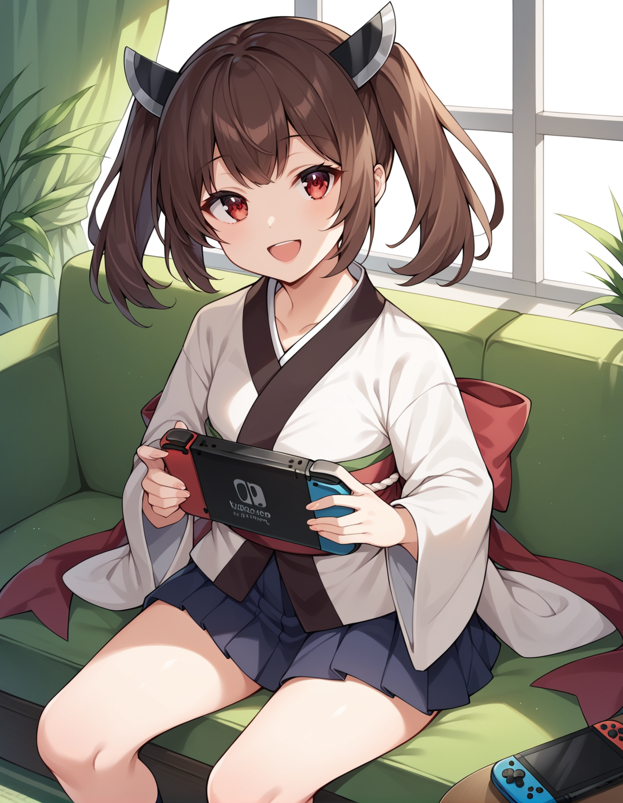 score_9, score_8_up, score_7_up, score_6_up, score_5_up, score_4_up, source_anime, rating_safe, BREAK <lora:kiritanXL_LoRA-C3Lier_AdamW_Dim16_Alpha16_UN-3e-4_TE-1.5e-4_10batch_ponyDiffusionV6XL_v6StartWithThisOne:1>, touhoku kiritan, 1girl, brown hair, short hair, short twintails, red eyes,small breasts, headgear, white kimono, gradient kimono, red obi, pink sash, ribbon, long sleeves, wide sleeves, pleated skirt, happy, smile, open mouth, looking at viewer, facing viewer, eye focus, playing games, nintendo switch, room, carpet, sitting, on couch, couch, table, window, curtains, window shade