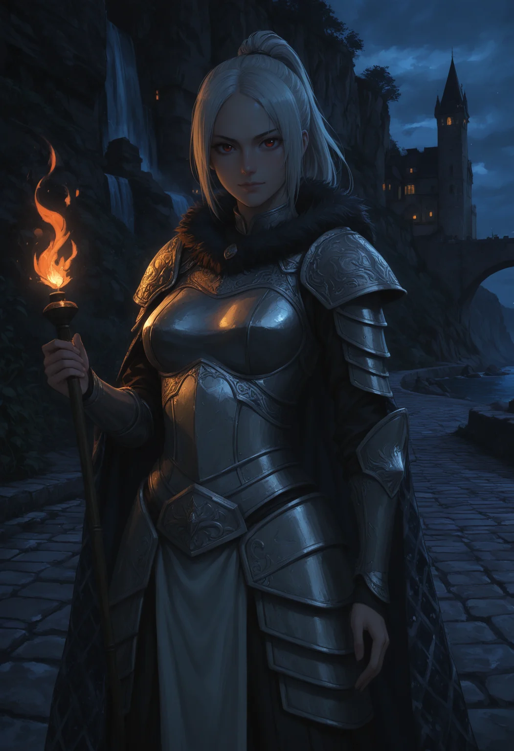 score_9, score_8_up, score_7_up, source_anime, BREAK, (123, medium breasts, human, LOR), outdoors, castle background, village background, cliff, ocean, cobblestone path, dam, waterfall, stone bridge, night, light rays, 1girl, solo, close-up, white hair, ponytail, sidelocks, red eyes, full armor, heavy armor, ornate intricate detailed armor, looking at viewer, shiny skin, <lora:StS_PonyXL_Detail_Slider_v1.4_iteration_3:2> <lora:lowlight_1721964122_1721964450_dim32_sv_fro_dp0.92_1721964790_1722820361:1> dark, light smile, half-closed eyes, serious, standing, holding torch, flaming torch, hooded cape, fur collar, intricate patterned cloak, arm up,