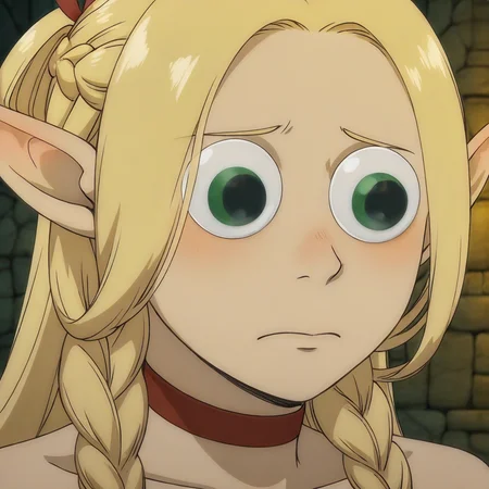 masterpiece, best quality, newest, absurdres, highres, anime, anime style, GUGIL-V1.0, googly eyes, 1girl, marcille_donato \(dungeon_meshi\), elf, pointy ears, green eyes, blonde,