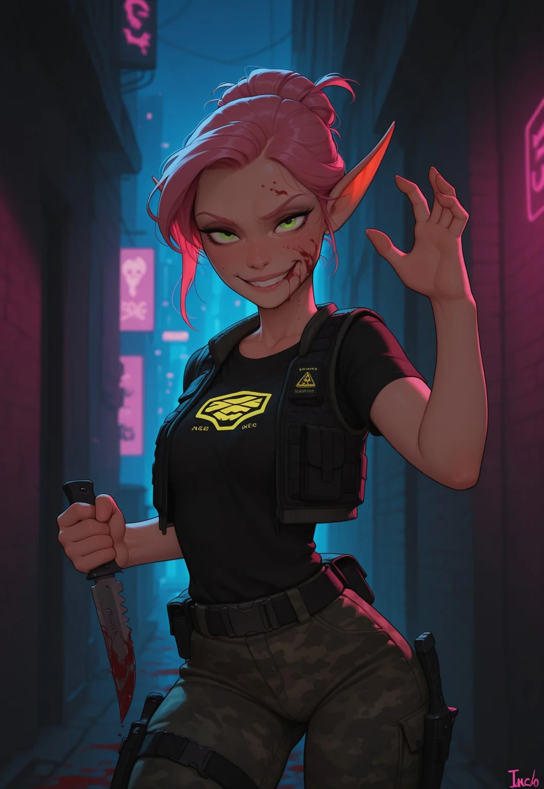 masterpiece, best quality, amazing quality, very aesthetic, DISNEY_ANIMATION, incoth, (incase:0.6), female, solo, (depth of field), outdoors, city, alley, cyberpunk, night time, cowboy shot,
elf, pink hair, green eyes, cute face, slender, small breasts, updo hair, beautiful, kawaii, (small ears), blood on face,
black puff vest, t-shirt with logo, urban camo pants, blood splattered combat knife,
standing, dynamic pose, looking at viewer, fighting pose, evil smile,