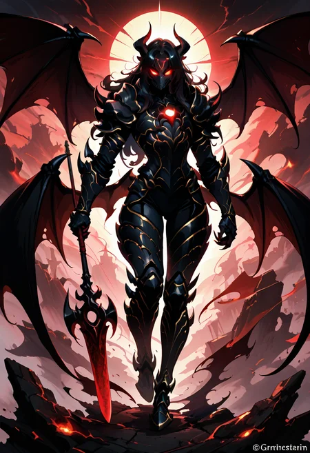 masterpiece, best quality,   zzShadowMagic, solo, red eyes, 1boy, holding, full body, weapon, male focus, wings, sword, holding weapon, armor, helmet, polearm, glowing eyes, claws, demon wings, full armor, demon, black armor, long hair, looking at viewer, black hair, standing, horns, watermark, gauntlets, holding polearm, demon   ,<lora:ShadowMagic_NAI:1.0>,