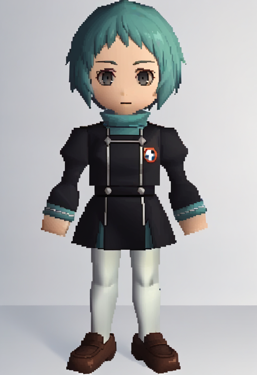 score_9, score_8_up, score_7_up, source_anime BREAK 1girl, solo,
 <lora:zs_FFVIIChibisXL_1:1> ffviichibis, chibi, standing, full body, white background
<lora:zs_FuukaXL:0.8> fuukadef, aqua hair, short hair, grey eyes, black school uniform, black sleeves, green turtleneck, skirt, white pantyhose, plain background