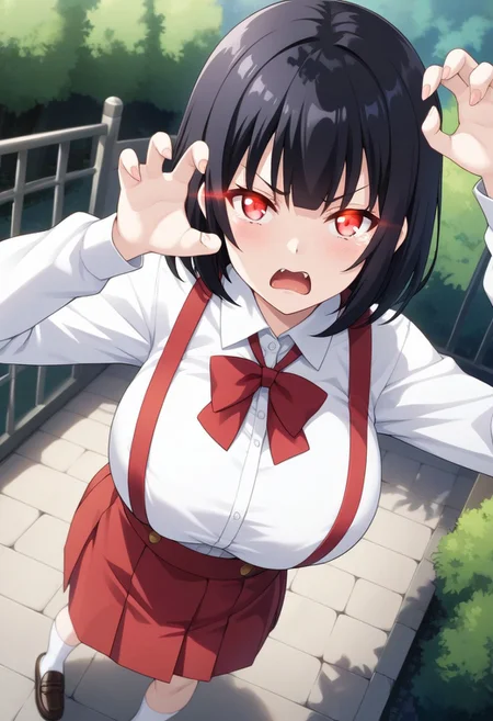 score_9,score_8_up,score_7_up,score_6_up, source_anime, BREAK,
Hiraki Hanako, solo, (large breasts), pale skin, short hair, black hair, bangs, glowing eyes, red eyes, fangs, school uniform, collared shirt, white shirt, long sleeves, claw pose, large breasts, high-waist skirt, suspenders, red skirt, white socks, loafers,
open mouth, angry, frown, tears,
looking at viewer, (face shot), dynamic angle,
outdoors,