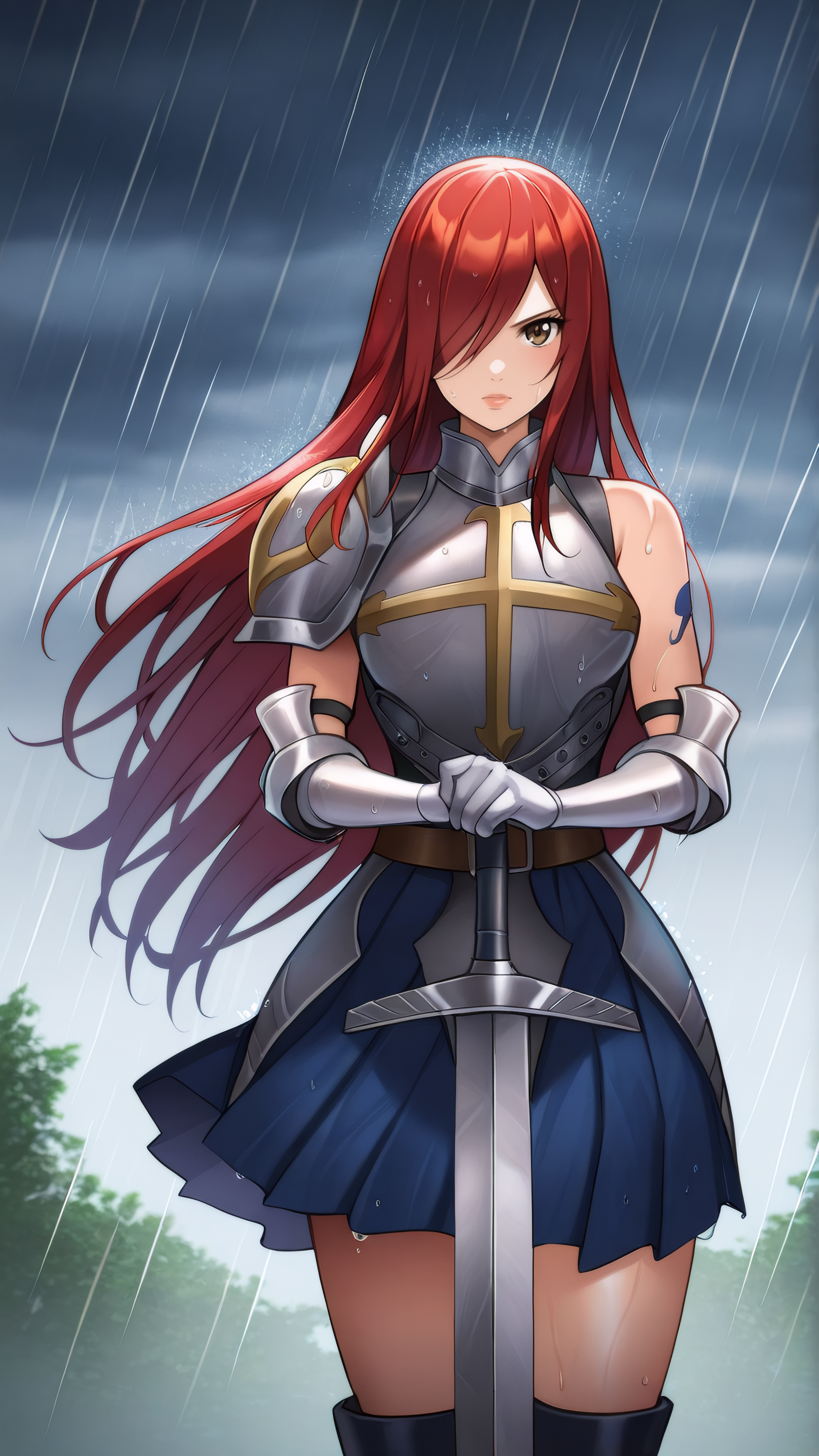 masterpiece, best quality, very aesthetic, absurdres, BREAK, 1girl, looking at viewer, cowboy shot, straight-on, 
<lora:Heart_Kreuz_100YearsQuest_Illu_Dwnsty:0.8>, erz_hk100yearsq, brown eyes, red hair, long hair, hair over one eye, tattoo, breastplate, armor, blue skirt, pleated skirt, belt, single shoulder armor, armored dress, knee boots, black footwear, 
large breasts, lips, serious, wet skin,
outdoors, cloudy sky, rain, storm, wind, holding sword, planted sword, own hands together,