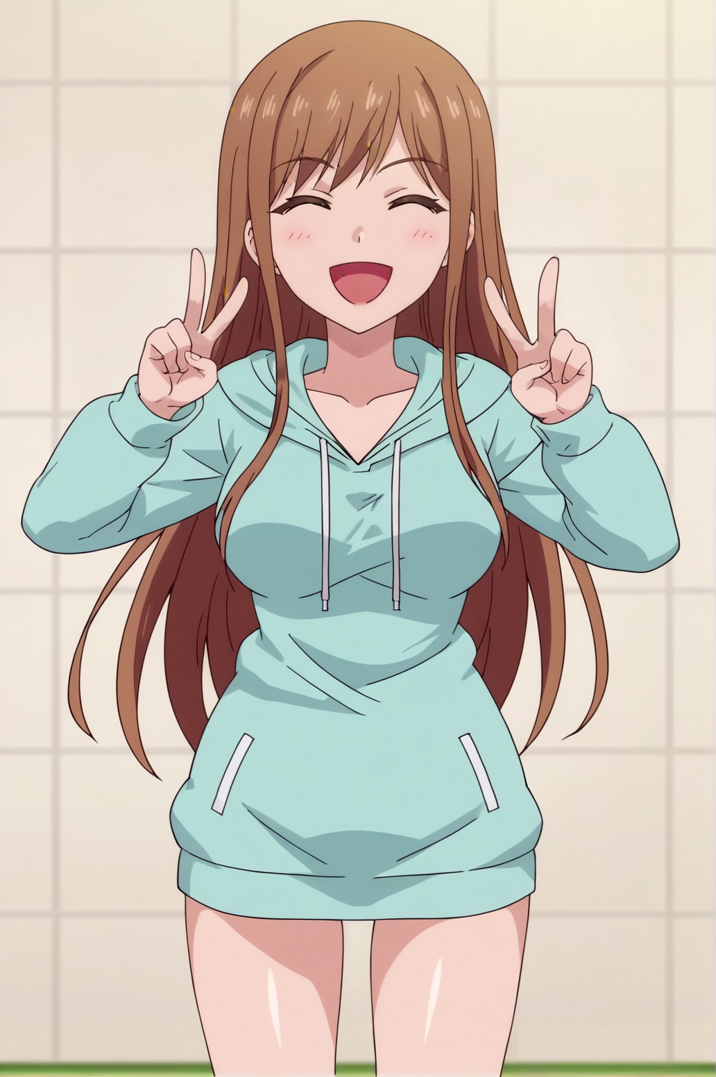 score_9, score_8_up, score_7_up,anime_source, source_anime, best background, detailed background, anime screencap,  Ayane Shirakawa, hood, hoodie, solo, victory fingers, v fingers, happy, cowboy shot, <lora:JN_Ayane_Shirakawa:0.8>