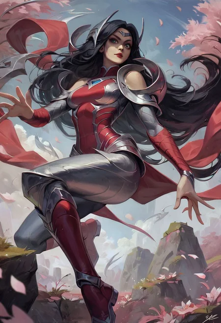 score_9, score_8_up, score_7_up, Irelia, blue eyes, medium breasts, one knee, rock, black hair, red footwear, long sleeves, sky, bare shoulders, floating, from below, 1girl, red lips, very long hair, weapon, blurry, solo, flower, looking at viewer, petals, boots, outdoors, pauldrons, floating object, armor, floating weapon, shoulder armor, long hair, blurry background, glowing