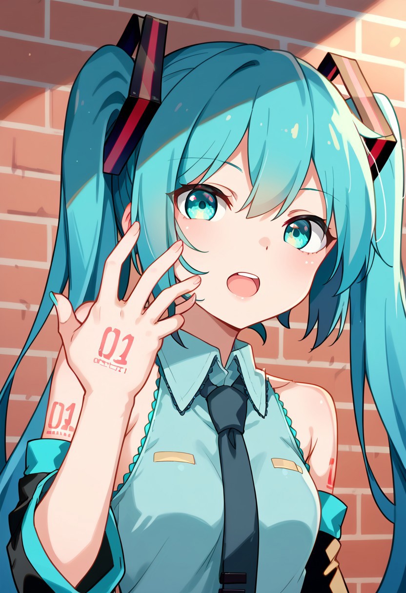 score_8, score_8_up, score_7_up, 1girl, female focus, solo, shyai_fin, hand up, glowing hand, open mouth, Hatsune Miku, aqua hair, twintails, aqua eyes, necktie, collared shirt, sleeveless, detached sleeves, looking at viewer, hand tattoo, brick wall,