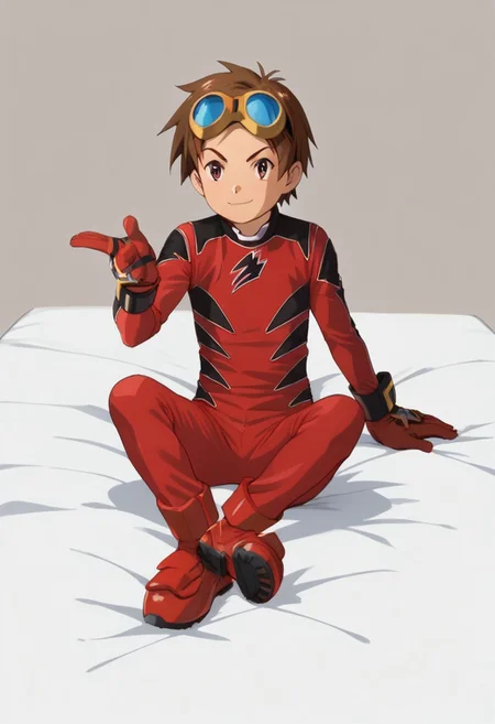 score_9, score_8_up, score_7_up, zPDXL2, 
1boy, solo, goggles on head, brown hair, 
,sitting on bed,
geki red, red bodysuit, black markings,   red gloves, red boots,