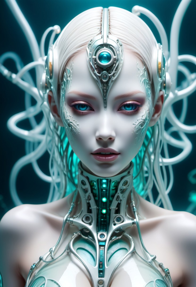 Real sharp photo, photo from the waist up, 8k portrait of beautiful biomorphic half body shot, stunning white porcelain cyborg with metallic hair in transparent brocade underbust corsage with lustful presence, looking at the viewer, smiling, under water, intricate, elegant, highly detailed, majestic, broken glass, (masterpiece, sidelighting, finely detailed beautiful teal eyes: 1.3), hdr, photorealism, bokeh, neon elements , biomechanical interface. Intrincated detailed skin, futuristic, utopian, machine parts, body parts, wires, circuits, highly detailed, cinematic, look from above, hauntingly surreal, highly detailed and intricate, rich deep colors, intricate, masterpiece, golden ratio, intricate, epic, sweet, beautiful face, perfect eyes, perfect proportions
